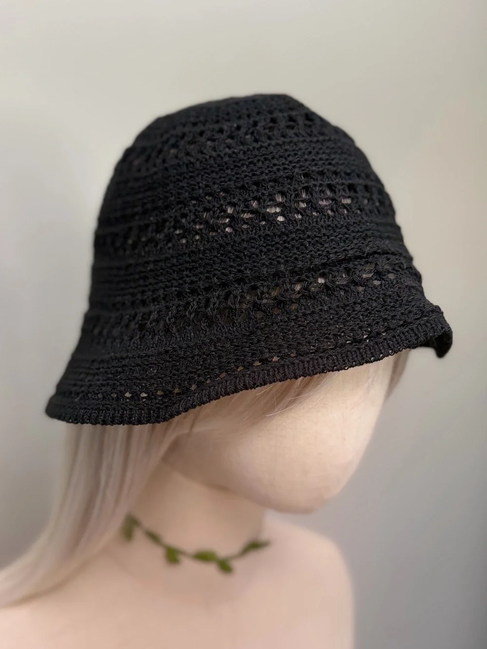 Black Crochet Knit Bucket Hat Openwork Boho Summer Beach Hat